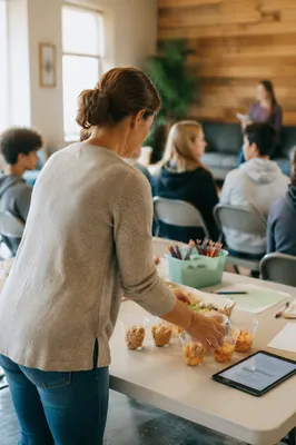 Parent Arranging Supplies in Community Room