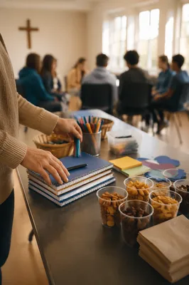 Volunteer Preparing Supplies in Community Room