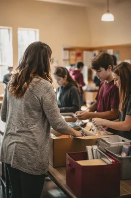 Volunteers Organizing Donation Boxes in Community Room