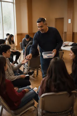 Father Helping Teen Group in Community Hall