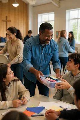 Parents Volunteering with Teens in Church Hall