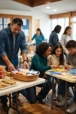 Parents Volunteering at Community Gathering Indoors
