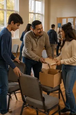 Father Helping Teenagers in Church Hall