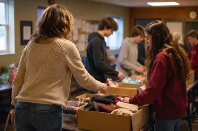 Volunteers Organizing Supplies in Community Room