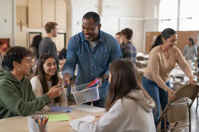 Parents Volunteering with Teens in Church Hall
