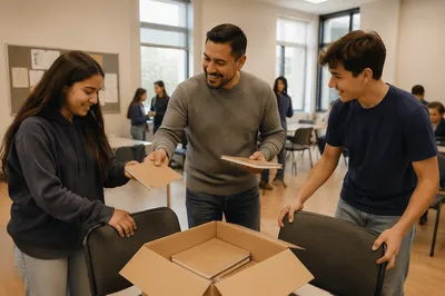 Father Helping Teens in Church Hall