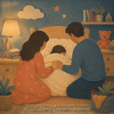 Parents Praying Over Child at Bedtime