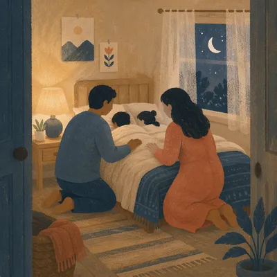 Parents Praying Over Children at Bedtime