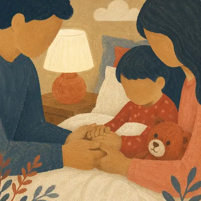 Parents Praying Over Child at Bedtime