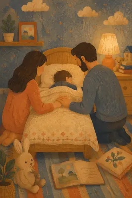 Parents Praying Over Child at Bedtime