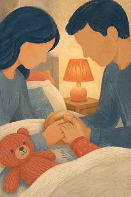 Parents Praying Over Child at Bedtime