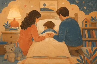 Parents Praying Over Child at Bedtime