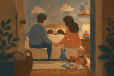 Parents Praying Over Children at Bedtime