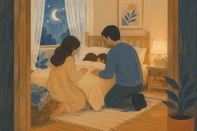 Parents Praying Over Children at Bedtime
