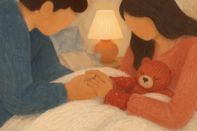 Parents Praying Over Child at Bedtime