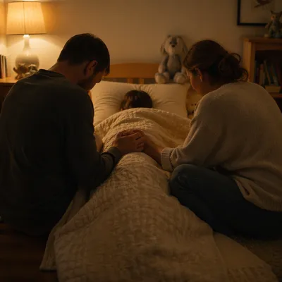 Parents Praying Over Child at Bedtime