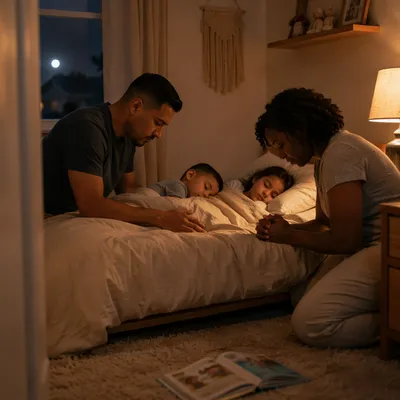 Parents Praying Over Children at Bedtime