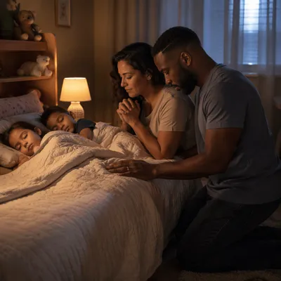Parents Praying Over Children at Bedtime