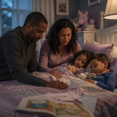 Parents Praying Over Children at Bedtime