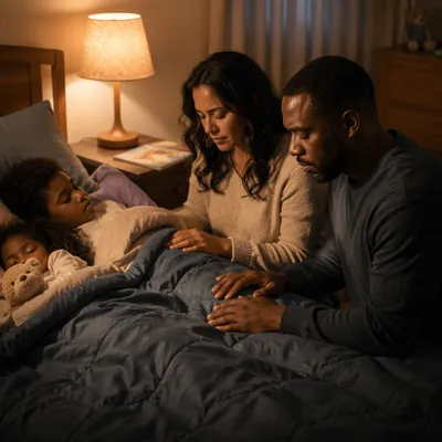 Parents Praying Beside Childs Bed