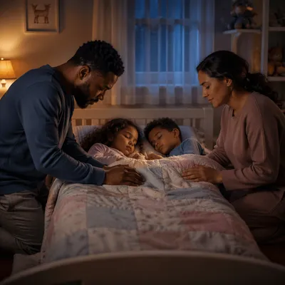 Parents Praying Beside Sleeping Children