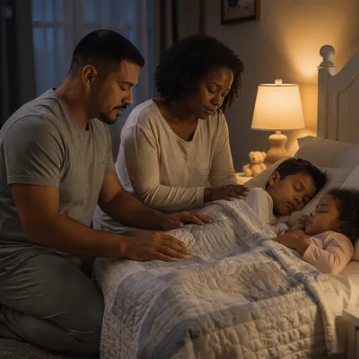 Parents Praying Beside Sleeping Children