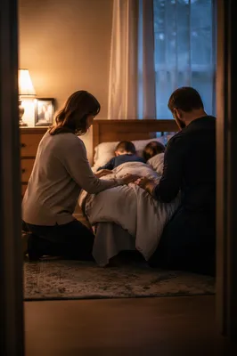 Parents Praying Over Children at Bedtime