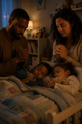 Parents Praying Over Children at Bedtime