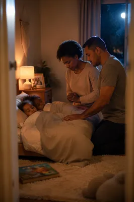 Parents Praying Over Children at Bedtime