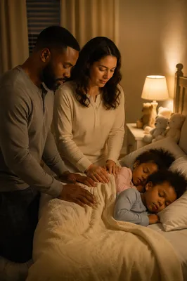 Parents Praying Over Children at Bedtime
