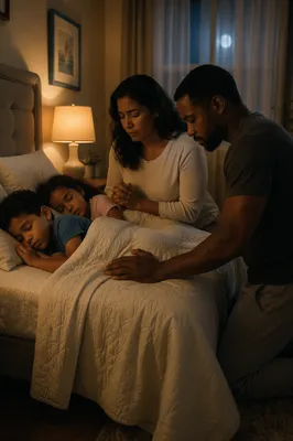 Parents Praying Over Children at Bedtime