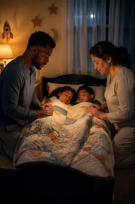 Parents Praying Beside Sleeping Children
