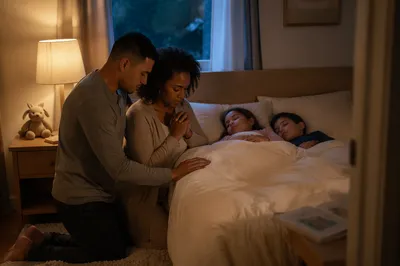 Parents Praying Beside Sleeping Children