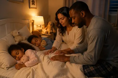 Parents Praying Beside Sleeping Children
