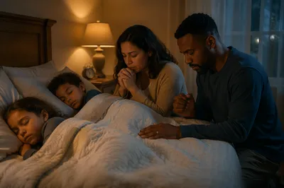 Parents Praying Beside Sleeping Children