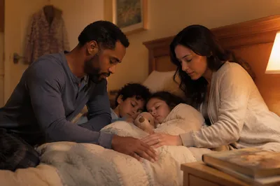 Parents Praying Beside Children at Bedtime