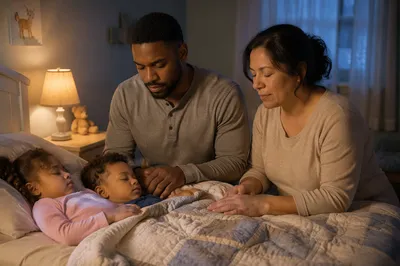Parents Praying Beside Sleeping Children