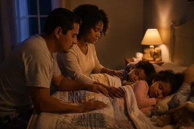 Parents Praying Beside Children at Bedtime