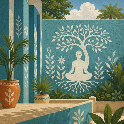 Peaceful Meditation Mural in Turquoise Garden Courtyard