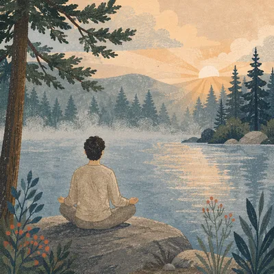 Peaceful Dawn Meditation by Forest Lake