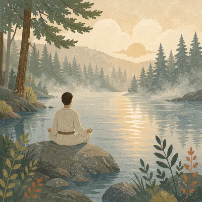 Peaceful Meditation by Misty Forest Lake