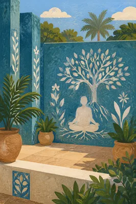 Peaceful Meditation Mural in Turquoise Garden