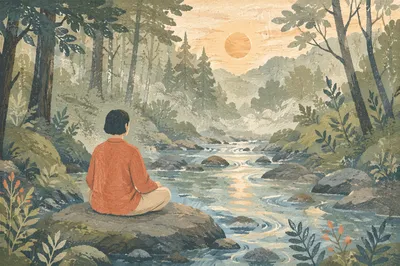 Peaceful Meditation by Forest Stream Sunrise