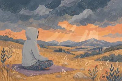 Peaceful Meadow Meditation Under Stormy Sky