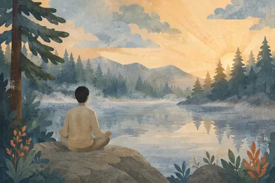 Peaceful Dawn Meditation by Forest Lake