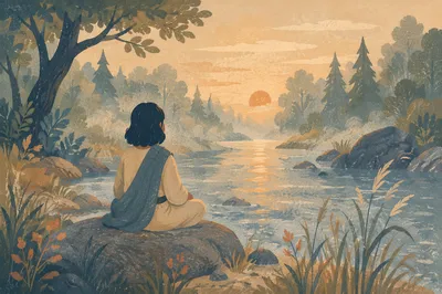 Peaceful Dawn Meditation by Forest Stream