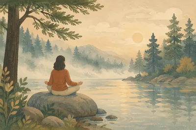 Peaceful Meditation by a Misty Forest Lake