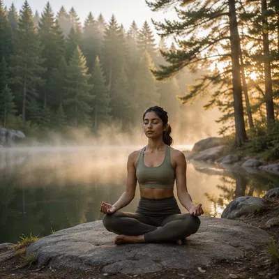 Woman Meditating by Misty Forest Lake