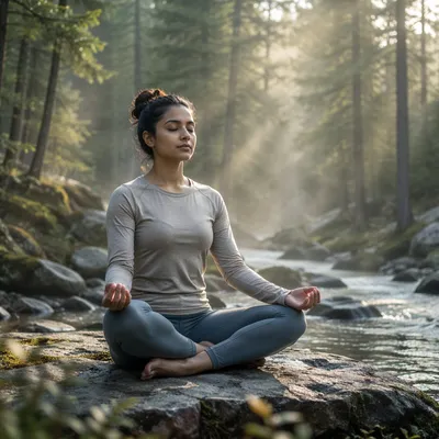 Woman Meditating Beside Forest Stream