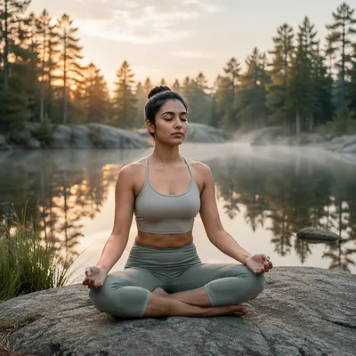 Woman Meditating by Forest Lake Dawn
